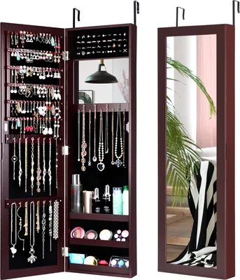 COSTWAY Schmuckschrank, mit Ganzkörperspiegel und eingebautem Schminkspiegel, Schmuck Spiegelschrank für Ohrringe, Ringe, Tür- / Wandmontage (Braun)