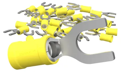 Productafbeelding van AUPROTEC 50x kabelaansluitklemmen, type vorkklem, 4,0-6,0 mm², geel, met gat van Ø M8, geïsoleerd PVC, SV-kabelconnector, koper, verzinkt