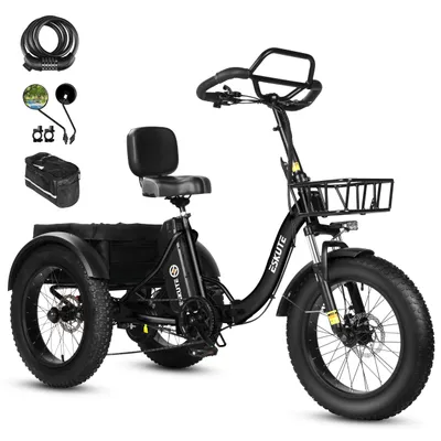 Image de Tricycle électrique pour adultes T302 Pro, batterie 48 V 20,8 Ah, tricycle électrique pliable à accès bas, vélo électrique à pneus larges 20×4 pouces, 7 vitesses