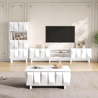 Image de Ensemble de meubles de salon Merax, 3 pièces : meuble TV bas, vitrine, table basse. Meubles de rangement avec façade 3D, design géométrique, blanc