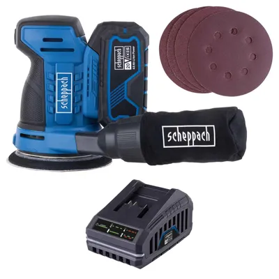 Produktbild von Scheppach Akku-Exzenterschleifer C-OBS125-X | Ø 125mm | 6000 – 24.000 min-1 | Klettverschluss | Softstart | 20V IXES | inkl. 4Ah Akku + 2,4A Ladegerät