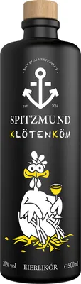 A black bottle of Spitzmund Klötenköm Eierlikör with a cartoon chicken hatching from an egg.