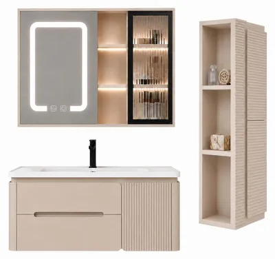 Image de Ensemble meuble de salle de bain avec vasque, armoire miroir LED et colonne - 100 cm - CYLIA