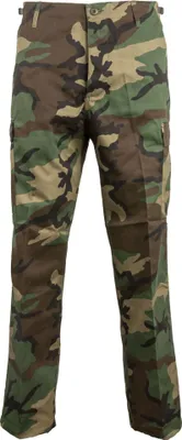 A pair of camouflage cargo pants displayed against a white background.