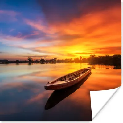 Produktbild von MuchoWow® Poster Boot - Wasser - Sonnenuntergang - Orange - Wasser 75x75 cm - Wand Dekoration