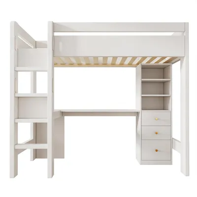 Produktbild von Hausbett mit L-förmigem Schreibtisch Regalen und Schubladen Hochbett Kinderbett Einzelbett Holzbettgestell 90×200cm Weiß