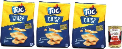 Produktbild von Tuc Crisp, Gusto Original, Knuspriges Blätterteiggebäck auf der Basis von im Ofen gegarten Kartoffeln chips mit 100% italienischem Weizen, 3x 100 g + Italian Gourmet polpa 400g