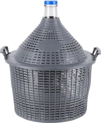 A glass carboy with a protective plastic casing and a blue cap.