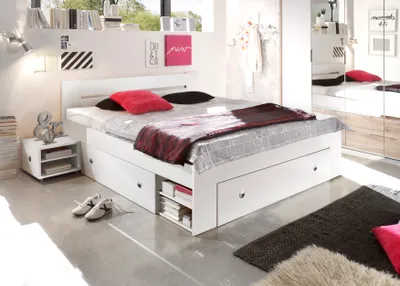 Produktbild von Bett Doppelbett Bettgestell Jugendbett STEFAN Bettkasten Nachtkommoden 140 x 200 weiß