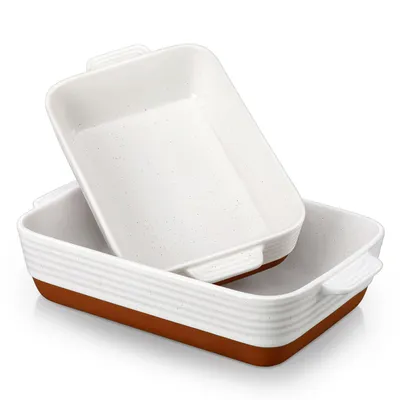 Image de Lot de 2 plats à four, plats en grès avec poignées, moules rectangulaires pour pain, lasagnes, pizza, compatibles micro-ondes et lave-vaisselle, surface sésamée