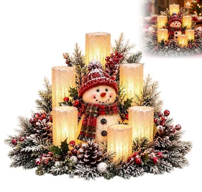 Produktbild von Weihnachtsdeko Schneemann mit LED Kerzenlicht, Tischdeko ohne Flamme, Weihnachtsfigur