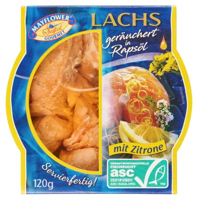 Immagine prodotto di Filetto di salmone affumicato May Flower con limone fresco in olio di colza 75g