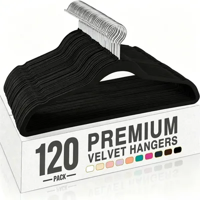 Produktbild von 120 Stück Rutschfest Kleiderbügel mit Samtbezug, Platzsparend für Schrank Organizer, 360° drehbar Premium Aufhänger, Schwarz