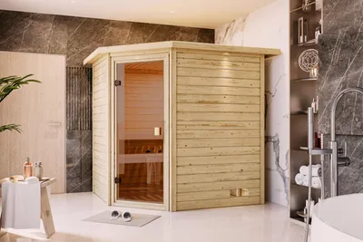 Produktbild von Karibu Sauna Innensauna Mia Eckeinstieg Ofen 9 kW externe Strg easy 224x184x202 cm mit Dachkranz mit Bronzierter Tür