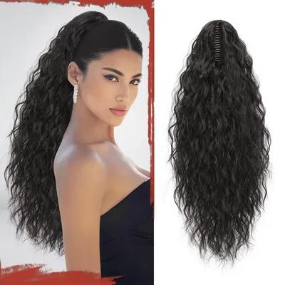 Obrázok produktu pre Dlhý drdol na koníka s gumičkou, 56 cm, vlnitý, kučeravý, syntetický, čierna/hnedá
