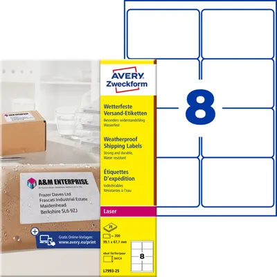 Produktbild von Avery Zweckform L7993-25, Versand-Etiketten, A4, 99,1 x 67,7 mm, 200 Etiketten / 25 Bögen, weiß