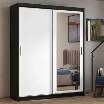 Image de BEAUTYSOFA Armoire HELA 180cm - armoire à deux portes avec portes coulissantes, armoire avec miroirs et tringle à vêtements, (noir + blanc)