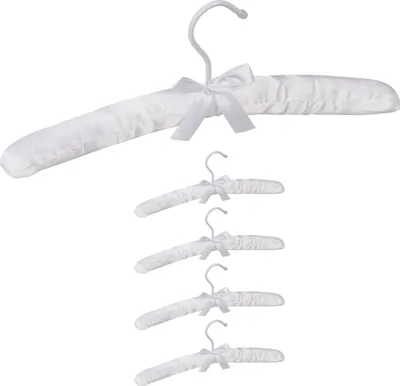 Immagine prodotto di Relaxdays Appendiabiti in raso, confezione da 5, imbottitura morbida, gancio girevole a 360°, fiocco decorativo, larghezza 38 cm, bianco