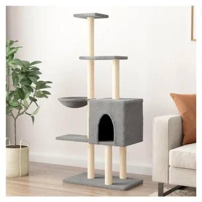 Produktbild von Katzenkratzbaum mit Sisal-Kratzsäulen und Plüschhöhle, Kletterbaum für Katzen, Hellgrau 145 cm