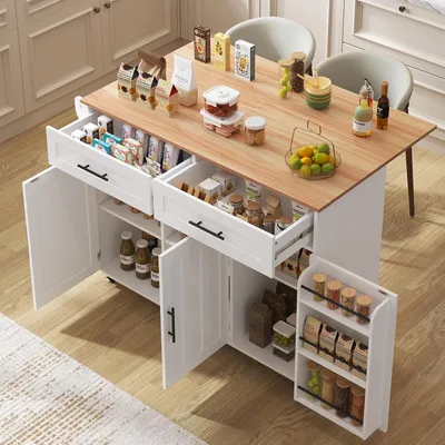 Obrázok produktu pre Veľký príborník/servant 129x46(71)x91,5 cm s pracovnou doskou s vzhľadom masívneho dreva a bielou skrinkou, skladacou pracovnou doskou, úložnými dvierkami, kolieskami a prepínateľnými nožičkami z masívneho dreva, určený na domáce použitie