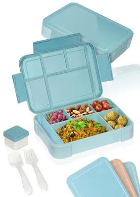 Image de Boîte à bento – Boîte à lunch pour adultes et enfants – Boîte à lunch incassable et étanche, avec couverts et gobelet – Sans BPA, lavable au lave-vaisselle et utilisable au micro-ondes – Contenance : 1 330 ml (bleu)