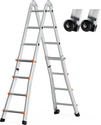 A silver, multi-purpose A-frame ladder with orange accents and black wheels, shown against a white background.