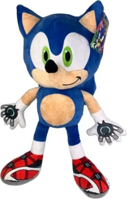 A plush toy of Sonic the Hedgehog is shown against a white background.