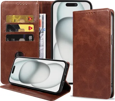 Produktbild von Smartphonica Handytasche passend für iPhone 15 Plus Kunstleder mit Magnetverschluss und Kartenhalter Buchhülle mit Klappe - Dunkelbraun