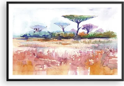 Produktbild von Gerahmtes Poster - Schwarzer Rahmen - Aquarell Savanne Bäume - 91,5x61 cm - Wand Bild - Wanddeko - Wandbilder - Kunstposter - Wandposter - Bilderrahmen - Bilder - Kunstdruck - P2BAA91x61-4484