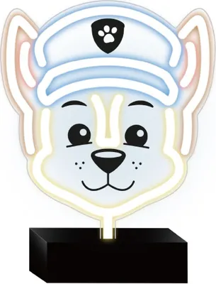A neon LED stand shaped like the head of a cartoon dog wearing a police hat, on a black base.