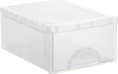 A clear, professional studio shot of a single, transparent plastic storage box with a lid.