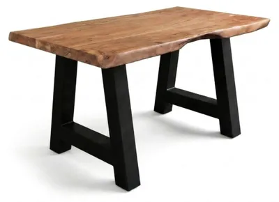 Produktbild von Baumkantentisch Cali 140 x 80 cm, Akazienholz massiv naturfarben, 50 mm Tischplatte, Esstisch mit A-Metallgestell Schwarz, Industrial-Design