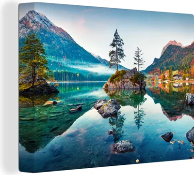 Obrázek produktu pro OneMillionCanvasses® - Obraz na plátně - Hory - Jezero - Stromy - Příroda - Voda, nástěnná malba, nástěnné dekorace obrazy obývací pokoj, 80x60cm