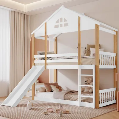 Obrázek produktu pro MODFU Dětská postel patrová 90×200 cm se skluzavkou, patrová postel s okny, mládežnická postel s trojstupňovým žebříkem a ochranou, bílá + přírodní