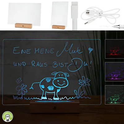 Produktbild von LED Message Board Beleuchtung bunt 30x20 cm Acryl Buche Holzsockel USB Kabel Stift An-/Ausschalter Farbwahl Memoboard