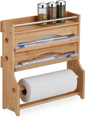 Obrázek produktu pro Držák na role – Alobal – Fólie na potraviny – Kuchyňská utěrka – Stojan na koření – Bambus – 40x40x11,5 cm – Přírodní