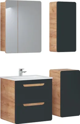 Produktbild von Badmöbel Set ARUBA COSMOS – EICHE 60 cm mit Waschbecken Matt Soft-Close Waschtisch Spiegelschrank Unter-Hängeschrank