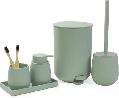 Produktbild von Badezimmer-Accessoires Set 5-teilig, grün, Müllebehälter 3 l, WC-Bürste, Seifenspender, für Badezimmer
