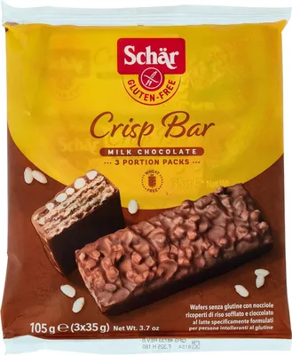 Produktbild von 6x Schar Crisp Bar Wafers Knusprige Riegelwaffeln mit Haselnüssen, überzogen mit Puffreis und Milchschokolade, glutenfrei, 3 Snacks von 35 g + Italian Gourmet Polpa 400g