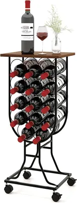 Immagine prodotto di Portabottiglie da 14 bottiglie con rotelle bloccabili, portabottiglie in metallo con finitura in legno, portabottiglie in stile rustico per bar, cucina, sala da pranzo