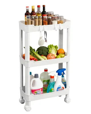 Produktbild von Ribelli Rollwagen 3 Ebenen, Küchenwagen schmal, Küchenregal mit 8 Haken, Servierwagen auf Rollen Kunststoff für Bad, Küche, Büro, Weiß/Schwarz