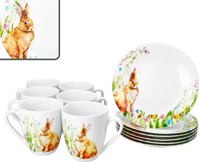 Produktbild von Osterfreude 12tlg Frühstücksset Porzellan Teller Becher Hase Frühling