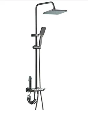 Produktbild von Recalma Thermostat-Duschsystem mit 25 cm Regenkopf, Handbrause, Ablage, Anti-Kalk, Metallisch Grau, Komplettset