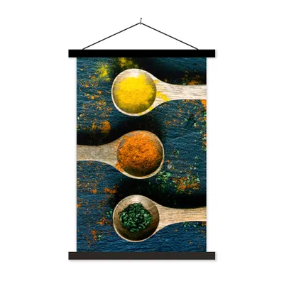 Produktbild von MuchoWow® Textilposter Gewürze - Löffel - Kräuter - Braun - Gelb - Grün 60x90 cm mit schwarzem Rahmen - Poster Wohnzimmer