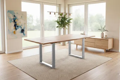 Produktbild von Esstisch Baumkante Akazie natur 120(200)x90 Ansteckplatten U-Gestell silber AVINO