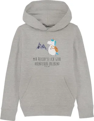 Produktbild von Mr. & Mrs. Panda Kinderpullover Einhorn Bergsteiger 5-6 Jahre (110/116) - Heather Grey - Geschenk, Pulli, Kapuzensweatshirt, Hoodie, Unicorn, Sweatshirt, Einhörner, Berge