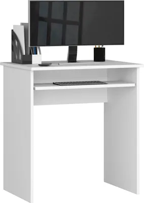 A white computer desk with a monitor, keyboard, and office supplies.