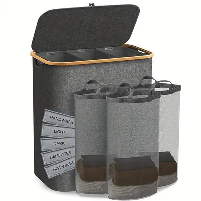 Image de 160L panier à linge pliable , avec extensible amovible trois sac à linge , poignées en bambou,panier à linge étroit ,consigne de bouteilles,gris foncé.