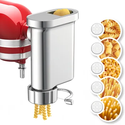 Produktbild von Metall Gourmet Pasta Press Aufsatz für KitchenAid Standmixer – Langlebiger Maker Aufsatz mit 5 austauschbaren Platten für frische hausgemachte Pasta
