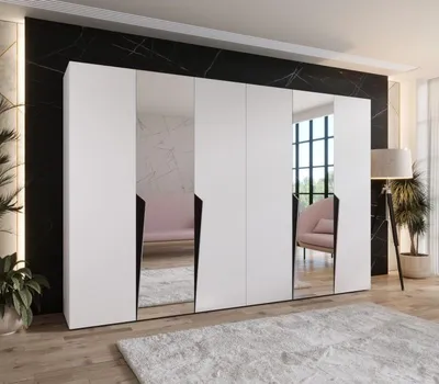 Obrázek produktu pro Zrcadlová šatní skříň 300 cm SORAYA 2 - bílá / černé úchyty